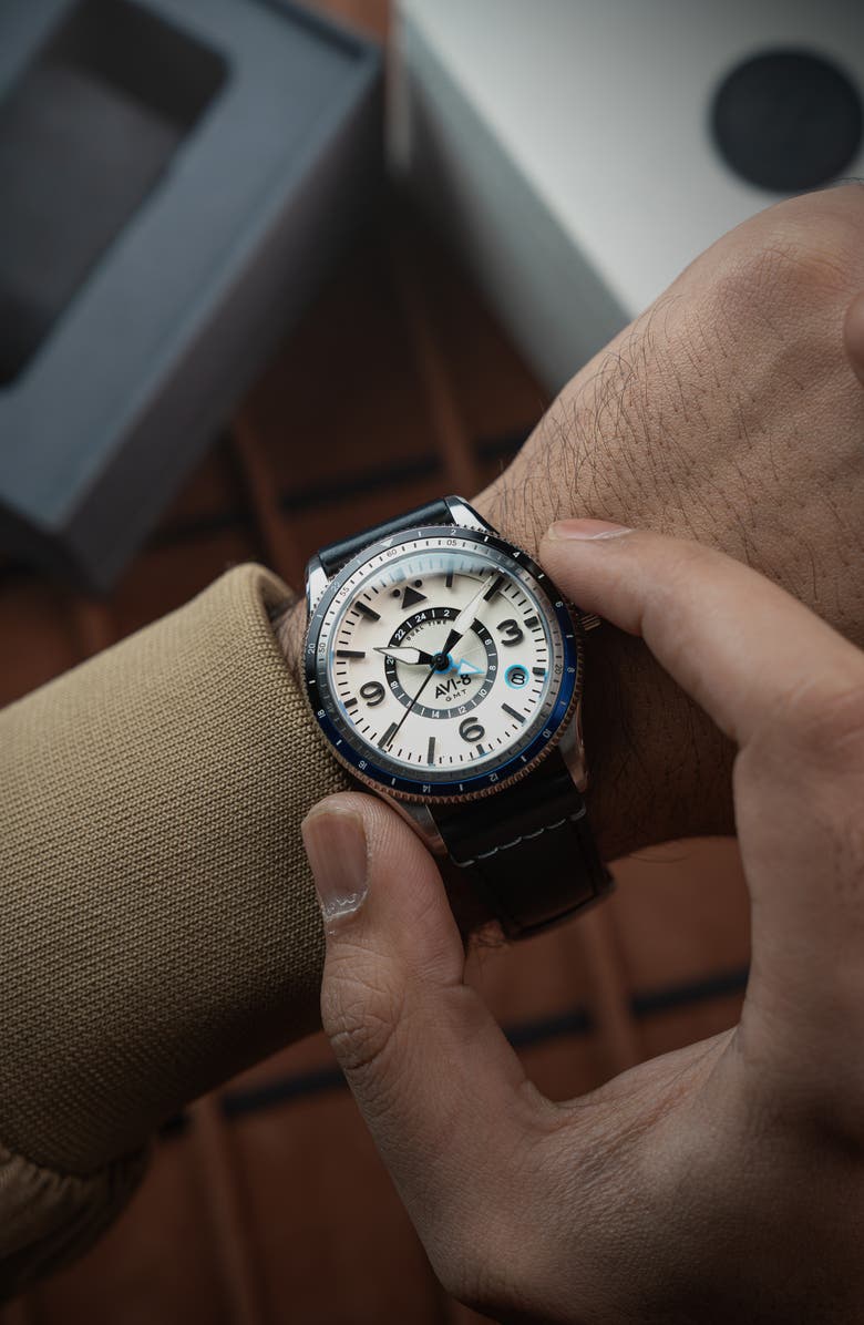 AVI-8 Flyboy Airmaster GMT Leather Strap Watch, 40mm, Alternate, color, White