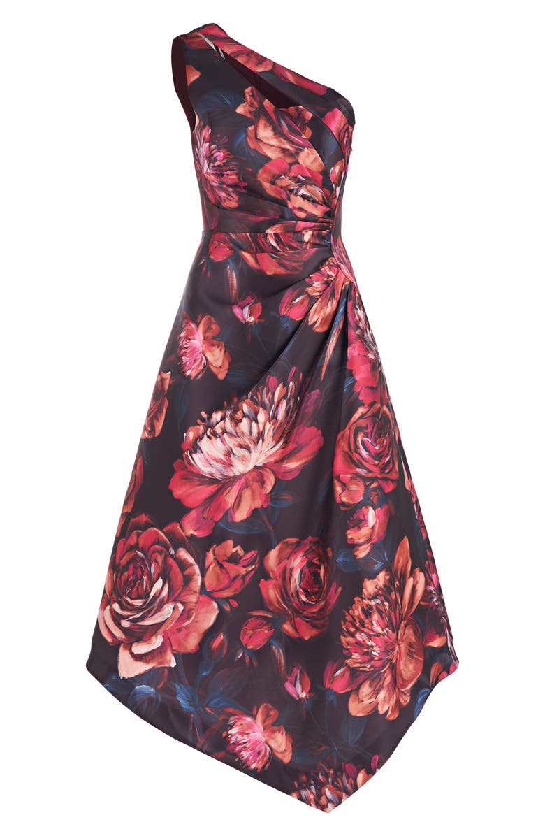 Kay Unger Iris Floral Print One-Shoulder Handkerchief Hem Midi Dress, Alternate, color, Oxblood Multi