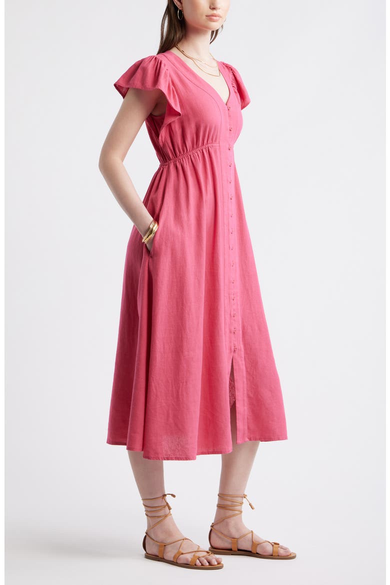 Short Sleeve Button Down Linen Blend Midi Dress, Alternate, color, PINK CARMINE