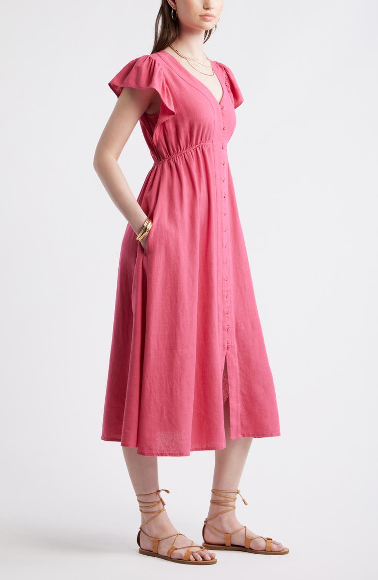 Treasure & Bond Short Sleeve Button Down Linen Blend Midi Dress, Alternate, color, Pink Carmine