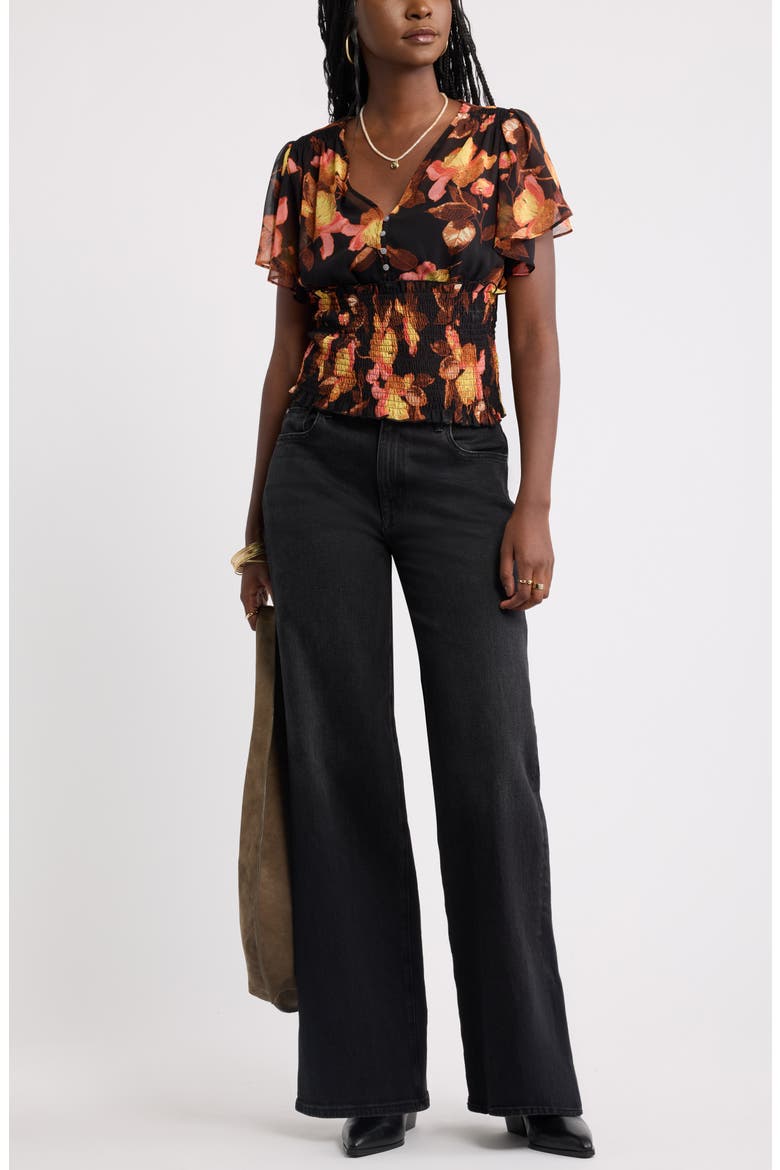 Floral Chiffon Ruffle Top, Alternate, color, BLACK- PINK BOLD PETALS
