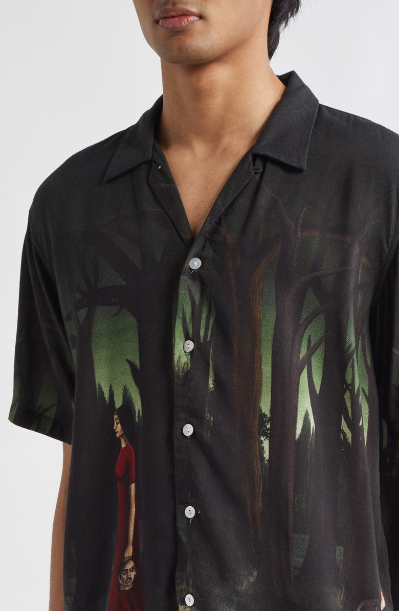 ENDLESS JOY In the Pines Border Silk Twill Button-Up Shirt, Alternate, color, Black Multi