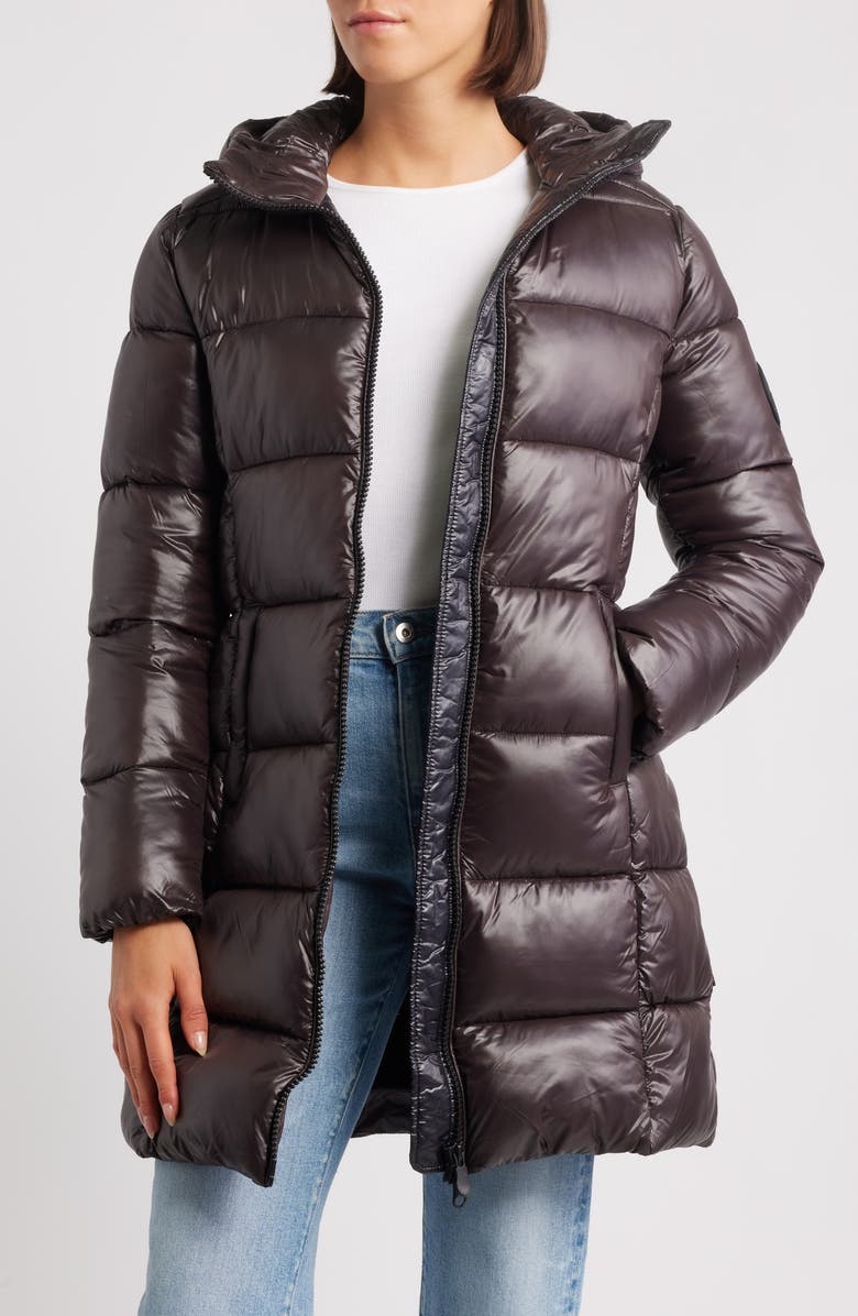 Save The Duck Ines Water Repellent Longline Hooded Puffer Jacket, Alternate, color, Brown Black