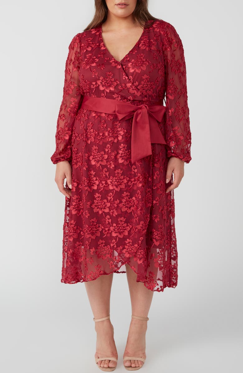 Estelle Radiance Glow Long Sleeve Faux Wrap Midi Dress, Main, color, Raspberry