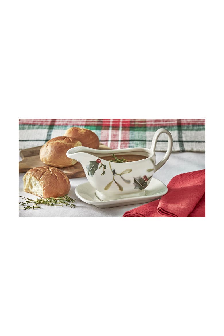 Winter Sprig Ceramic Gravy Boat and Saucer Set Multicolor, Alternate, color, White