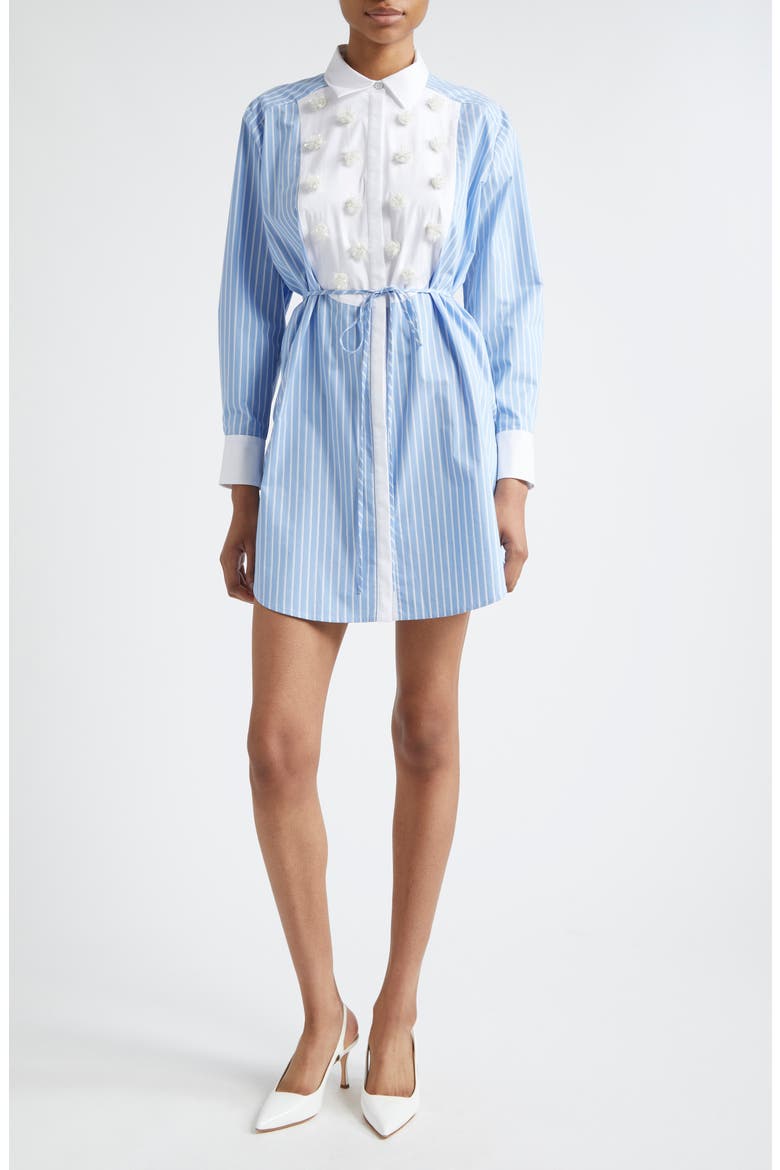 Debbie Metallic Floral Appliqué Long Sleeve Cotton Blend Shirtdress, Main, color, FRENCH BLUE/ WHITE