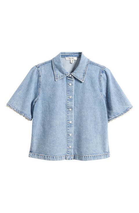 Denim Crochet Trim Button-Up Top