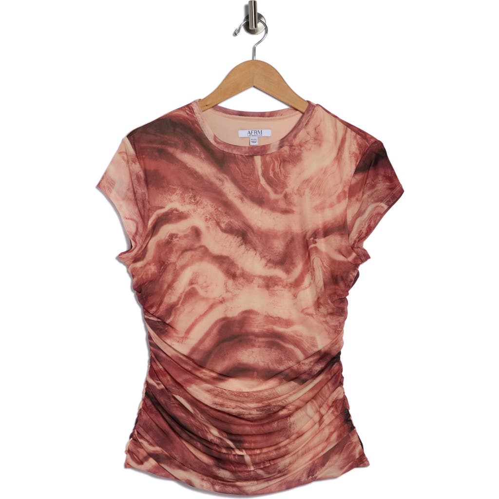 Afrm Los Angeles Lacey Cap Sleeve Ruched Mesh Top In Brown