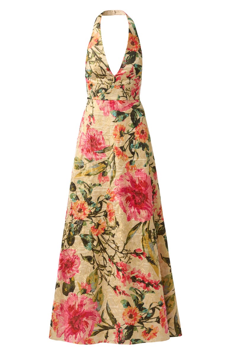 Aidan Mattox Metallic Floral Jacquard Halter Neck Gown, Alternate, color, Pink Multi