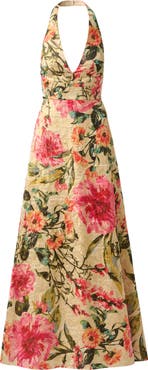 Aidan Mattox Metallic Floral Jacquard Halter Neck Gown