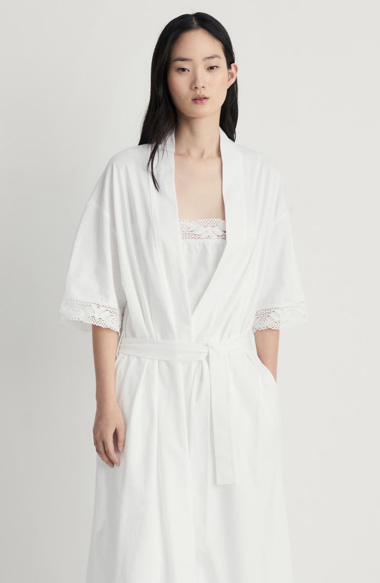MANGO Lace Trim Cotton Robe, Alternate, color, White