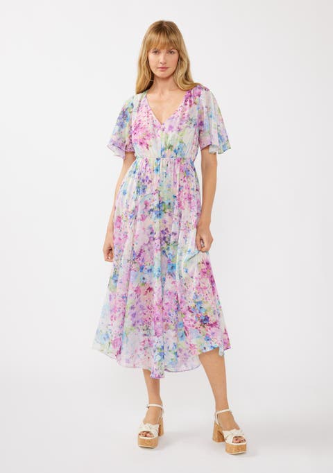 Watercolor Floral Flutter Sleeve Midi Dress