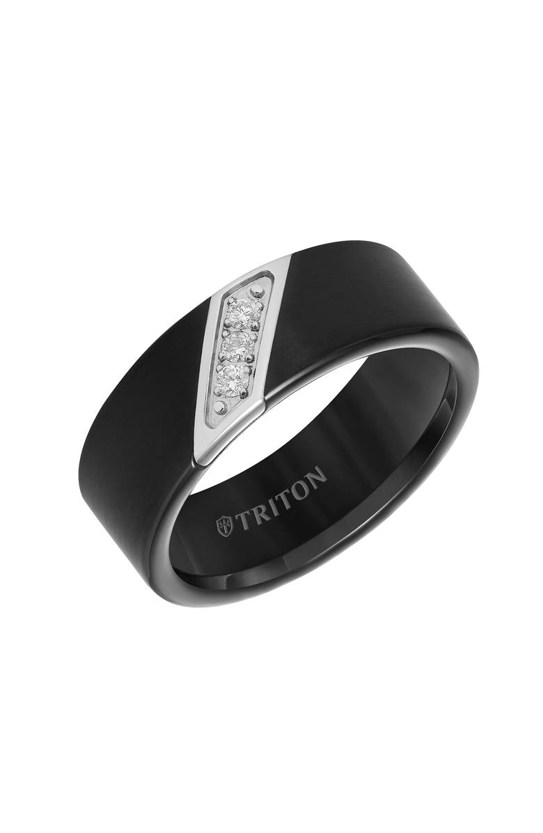 Triton 8mm Black Tungsten Carbide Ring with Diagonal Set Diamonds and Satin Finish with Flat Edge, Main, color, 