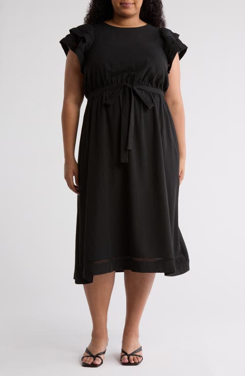 Double Ruffle Flutter Sleeve Fit & Flare Dress (Plus)