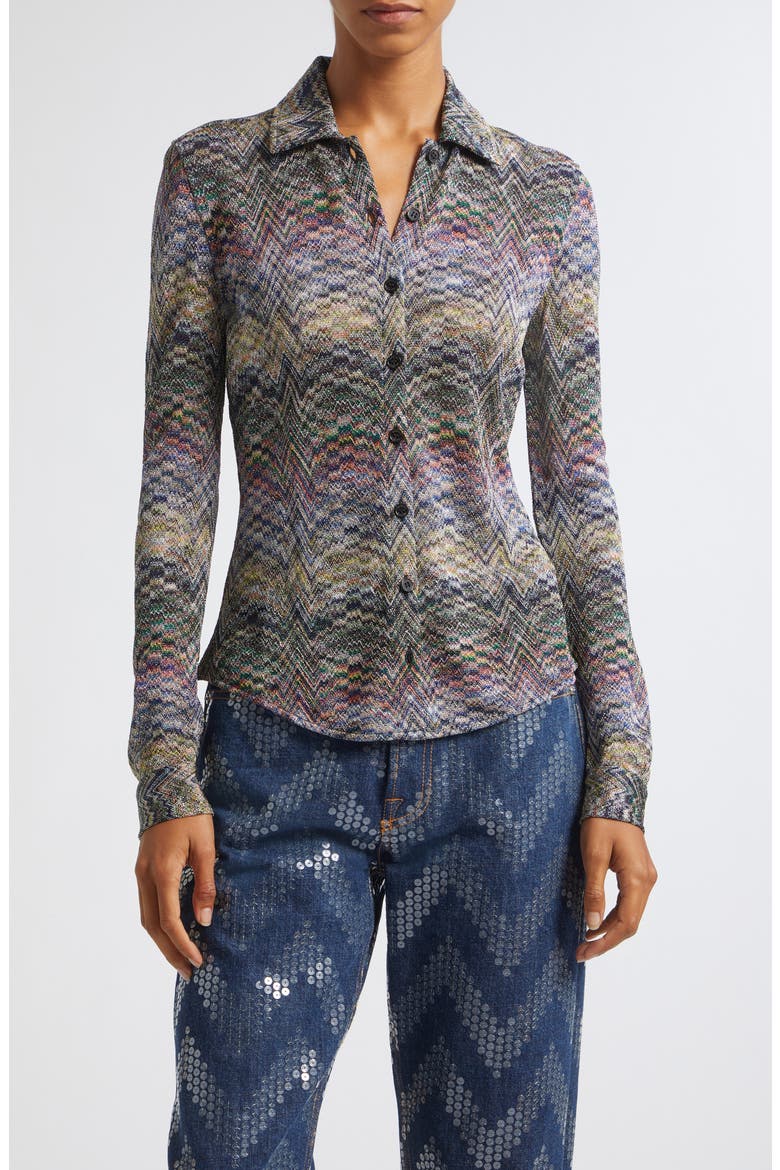 Metallic Jacquard Knit Button-Up Shirt, Main, color, SMSON