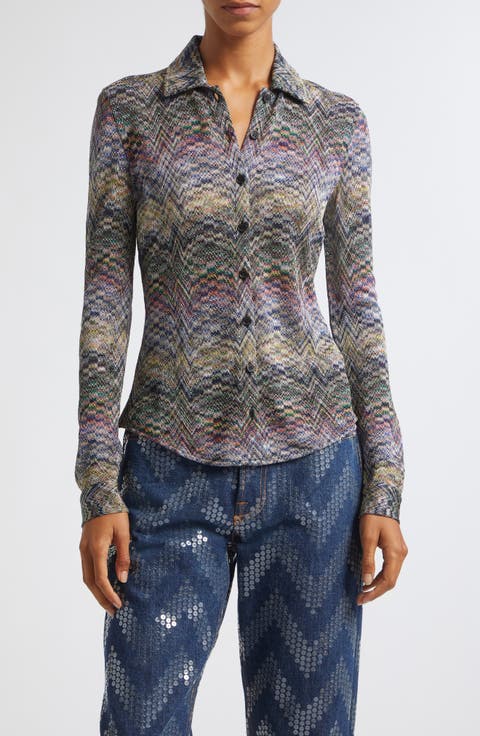 Metallic Jacquard Knit Button-Up Shirt