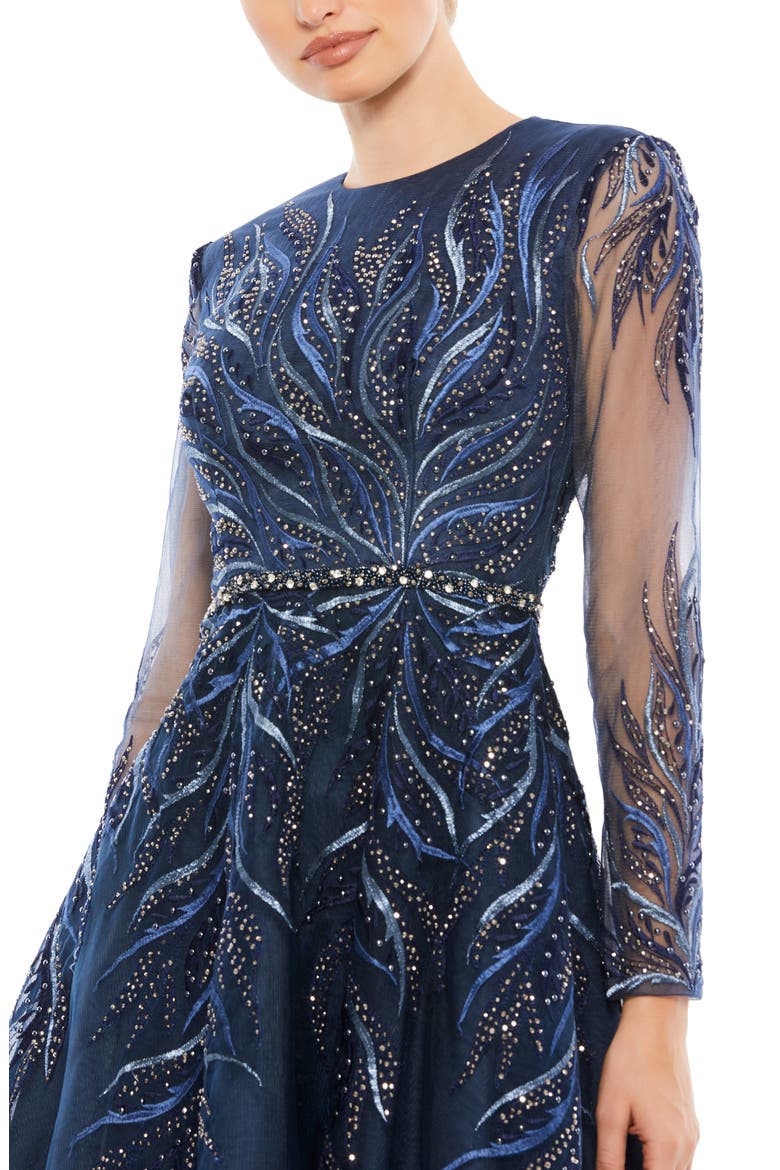 Embellished Tea-Length Illusion Cocktail Dress, Alternate, color, TWILIGHT