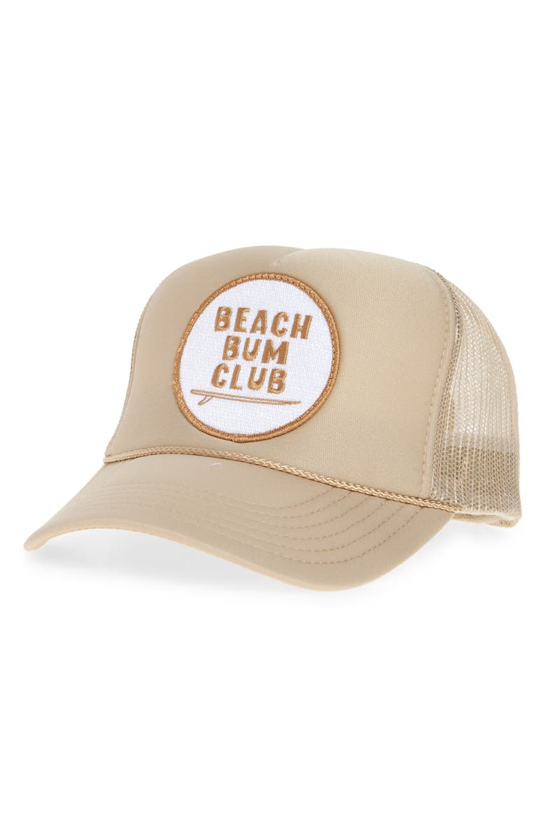 Friday Feelin’ Beach Bum Club Patch Trucker Hat, Main, color, Tan