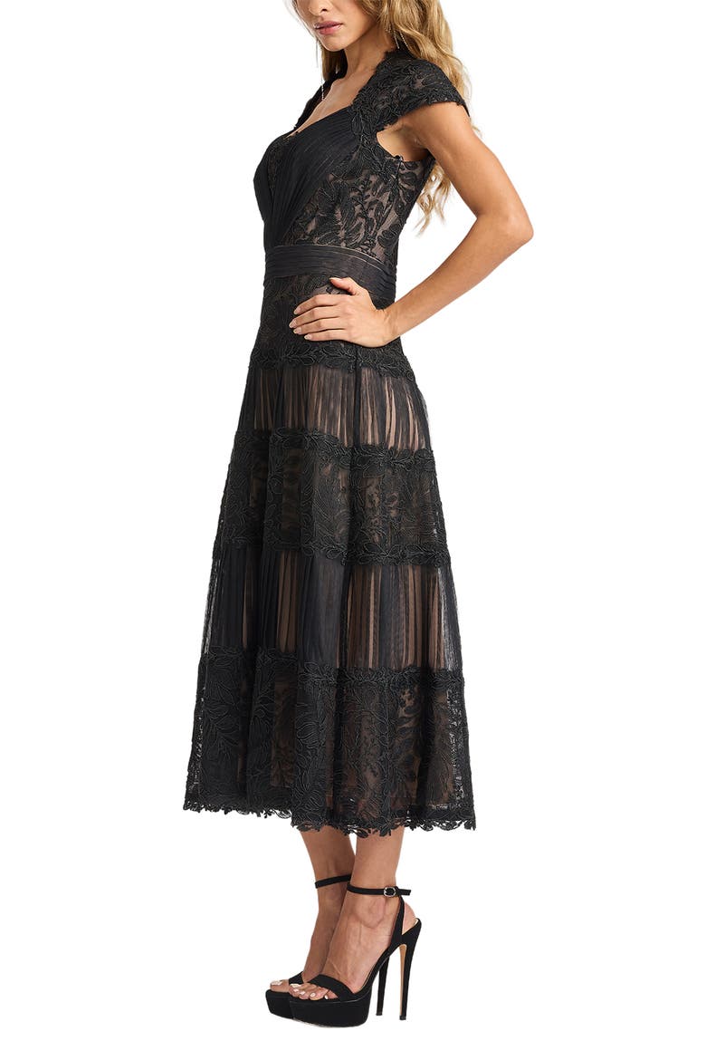 Pintuck Pleat Embroidery Detail Cocktail Midi Dress, Alternate, color, BLACK/ BEIGE