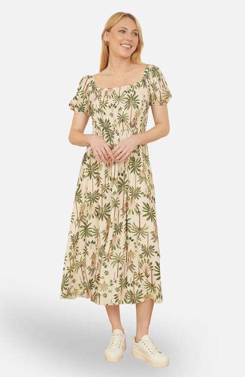 Palm Print Ruched Midi Dress