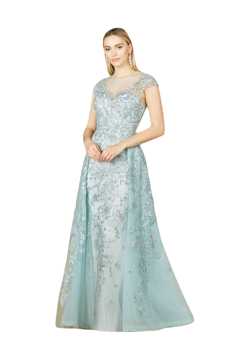 Long Bell Sleeve V-Neck Beaded Gown, Main, color, LightBlue