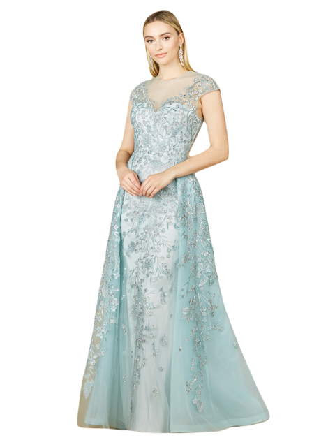 Long Bell Sleeve V-Neck Beaded Gown