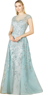 LARA New York Long Bell Sleeve V-Neck Beaded Gown