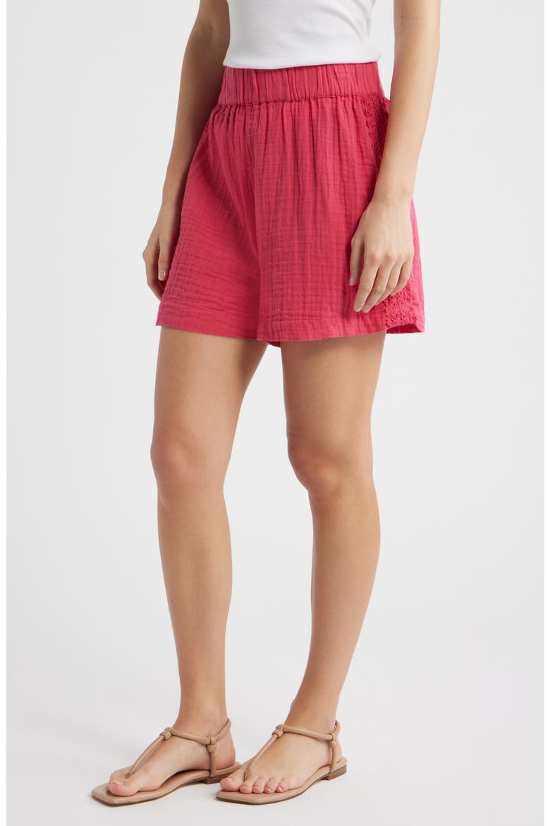 Crochet Trim Cotton Gauze Shorts, Alternate, color, BRIGHT ROSE