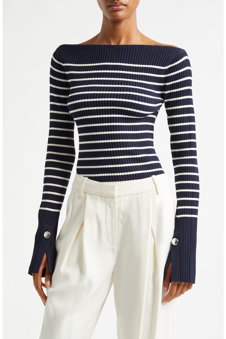 Anya Stripe Rib Boat Neck Sweater, Main, color, DARK SAPHIRE/WHITE