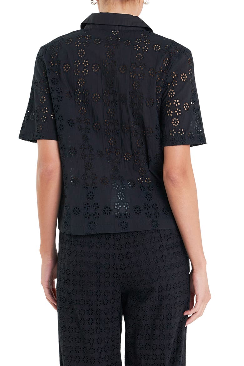 Floral Eyelet Cotton Camp Shirt, Alternate, color, BLACK
