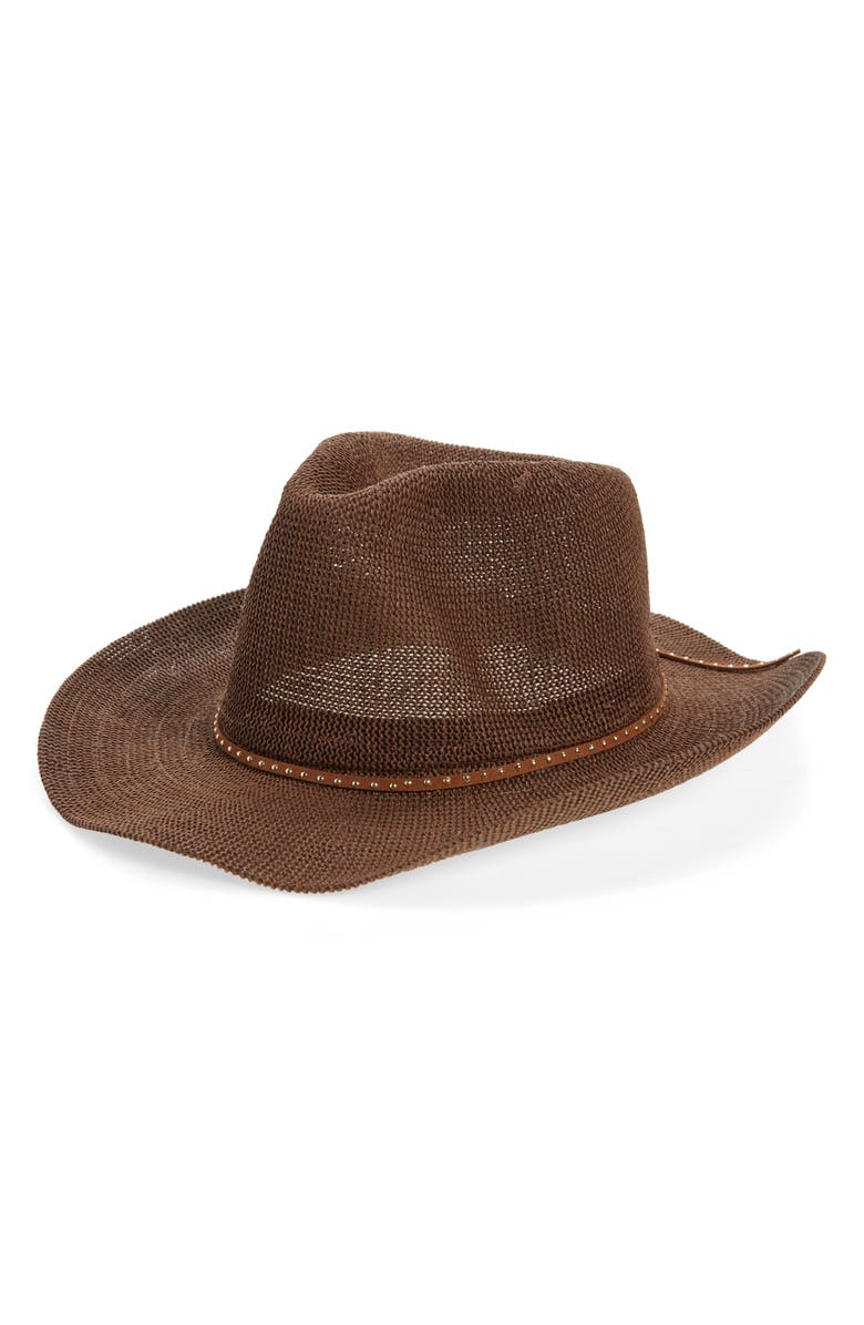 Vince Camuto Studded Band Straw Cowboy Hat, Main, color, Brown