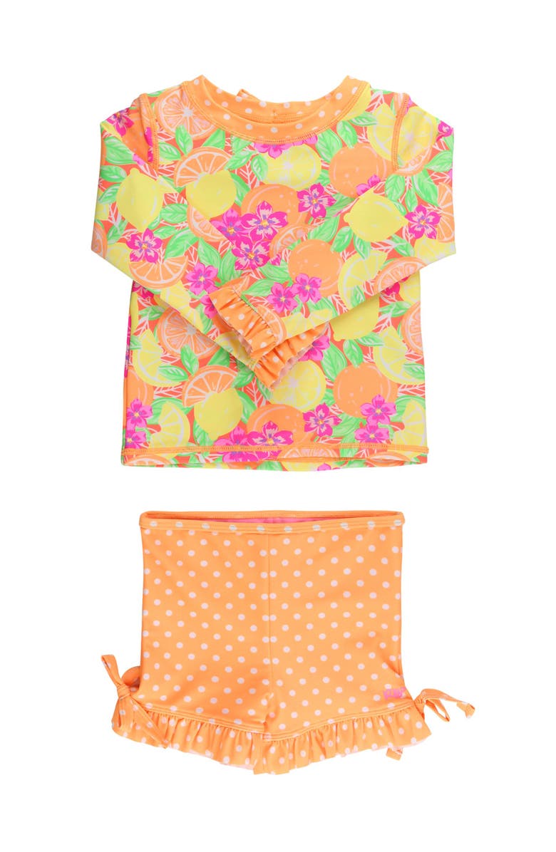 RuffleButts UPF50+ Seersucker Long Sleeve Rash Guard Ruffle Shorts 2-Piece Swimsuit, Main, color, Neon Squeeze The Day