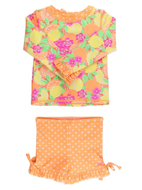 UPF50+ Seersucker Long Sleeve Rash Guard Ruffle Shorts 2-Piece Swimsuit