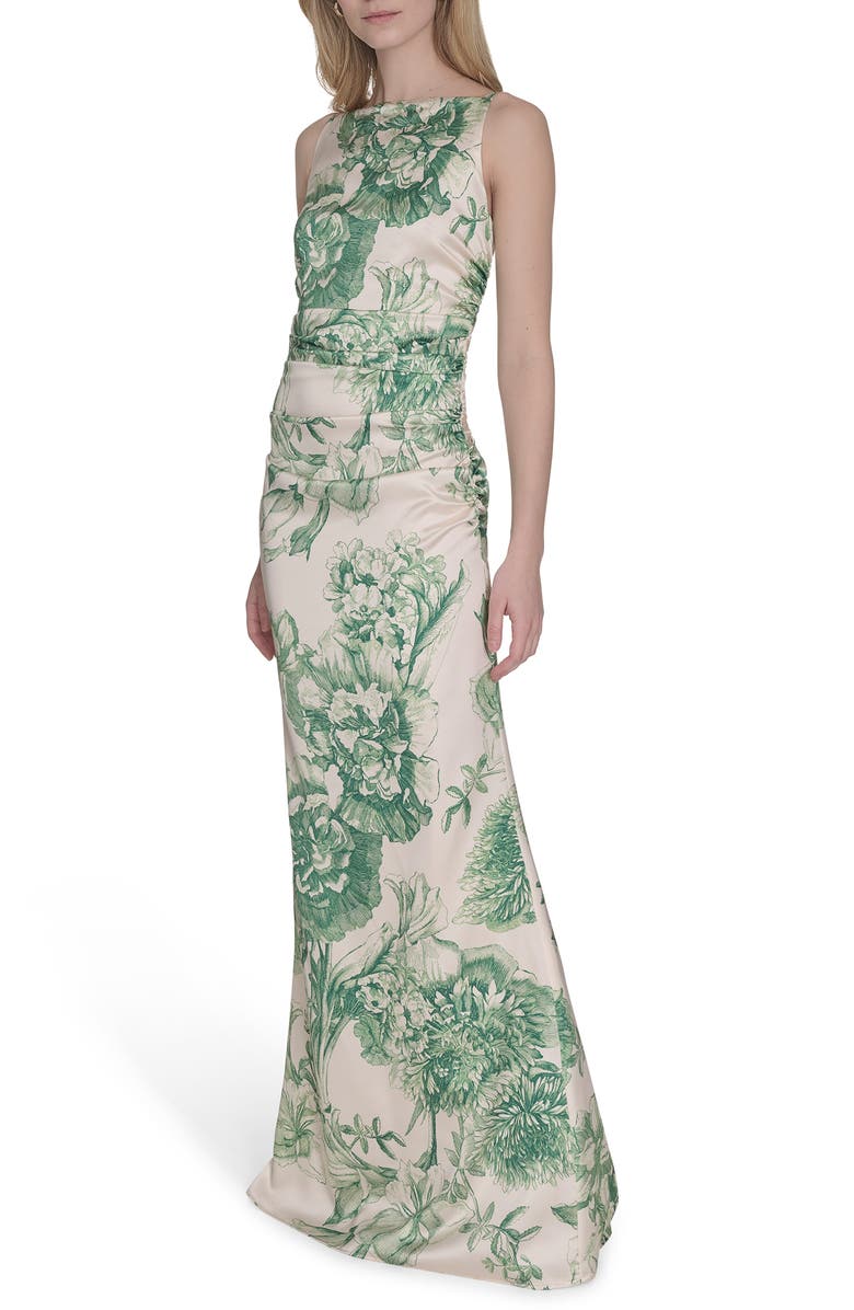 Vince Camuto Floral Ruched Waist Satin Gown, Alternate, color, Green