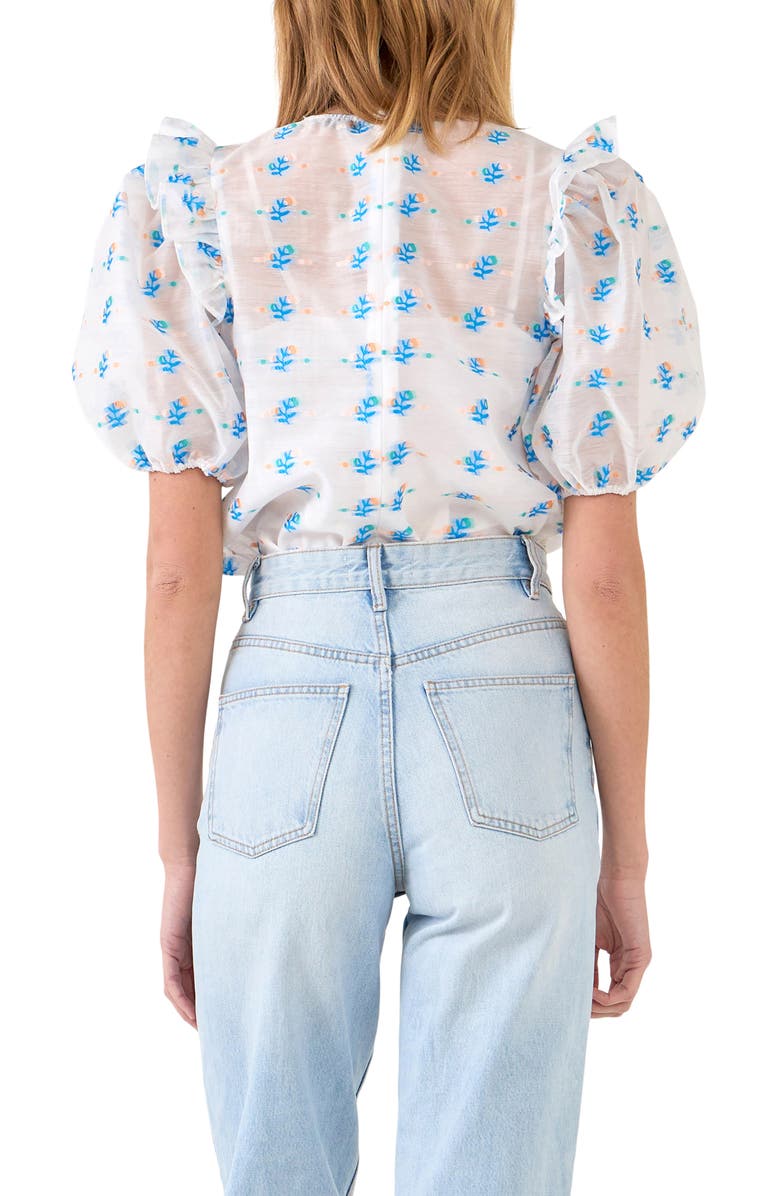 English Factory Floral Embroidery Puff Sleeve Organza Top, Alternate, color, Blue Multi