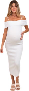 PinkBlush Rib Knit Off Shoulder Fitted Midi Dress