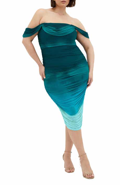City Chic Ombré Ruched Square Neck Cap Sleeve Dress