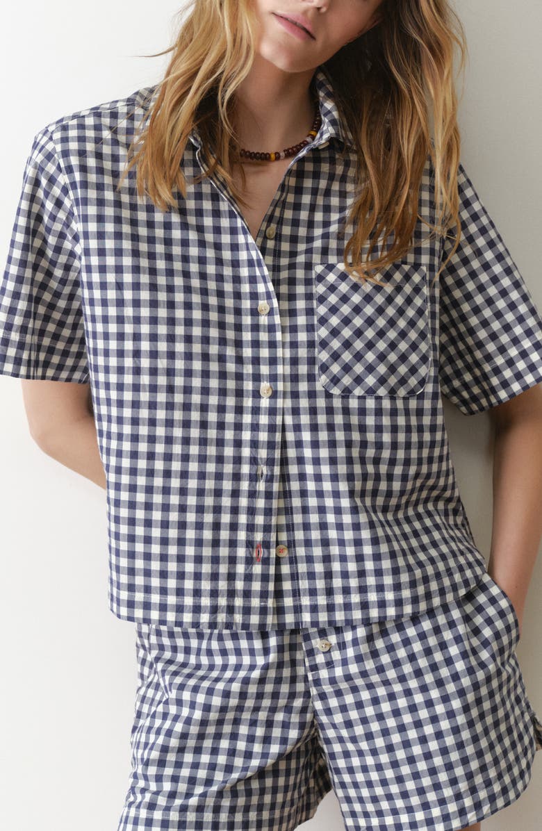 Marine Layer Bonnie Gingham Pima Cotton Poplin Button-Up Shirt, Main, color, Navy/ White Gingham