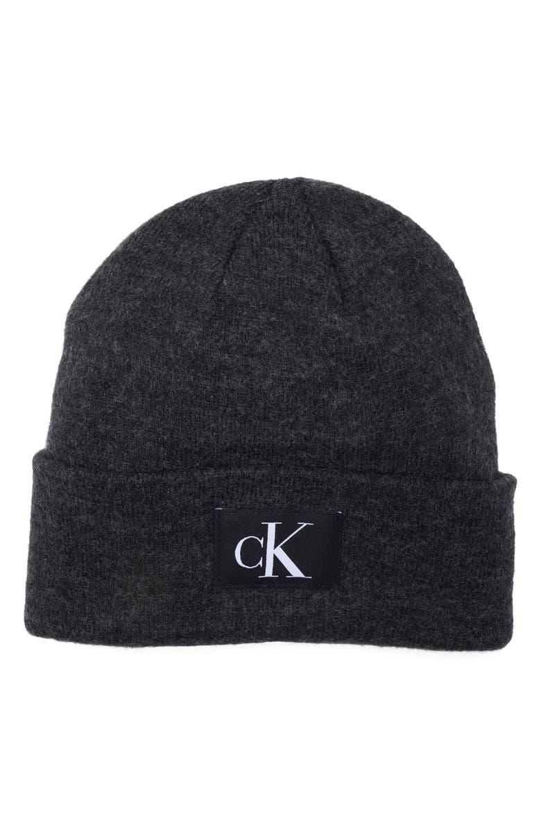 Calvin Klein cK Patch Cuff Beanie, Main, color, Gunmetal Heather