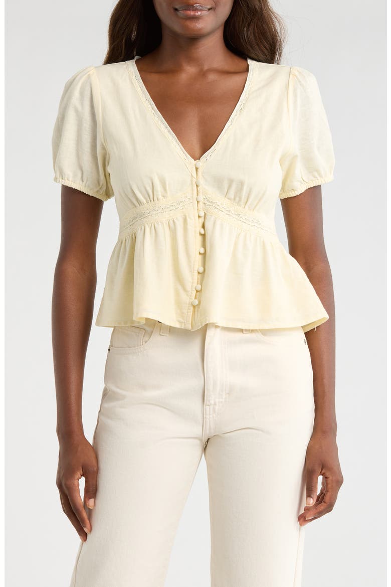 Lace Detail Linen Blend Peplum Top, Main, color, PASTEL YELLOW