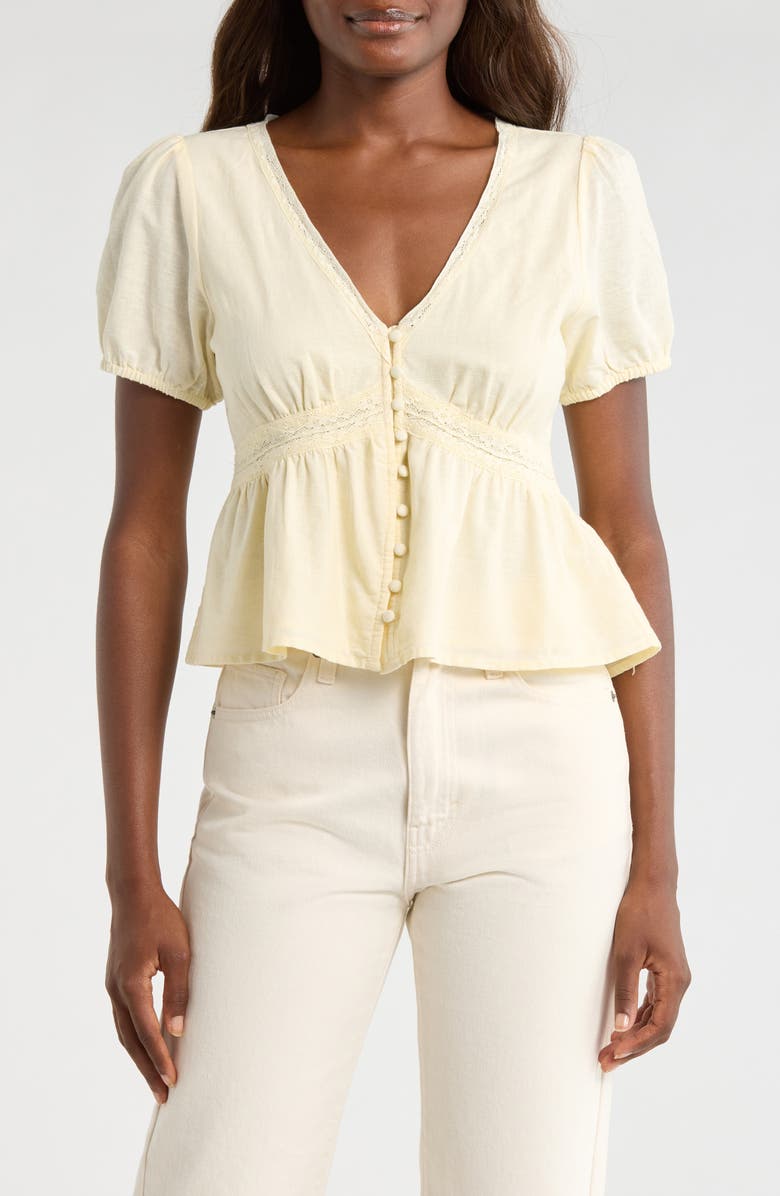 Lucky Brand Lace Detail Linen Blend Peplum Top, Main, color, Pastel Yellow