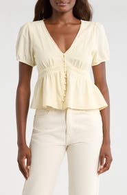 Lucky Brand Lace Detail Linen Blend Peplum Top