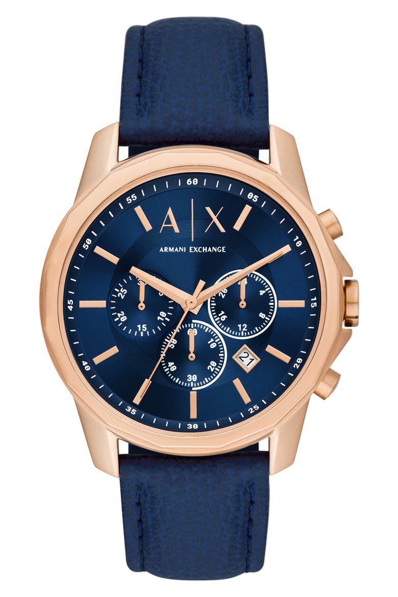 Chronograph Leather Strap Watch, 44mm, Main, color, ROSE GOLD