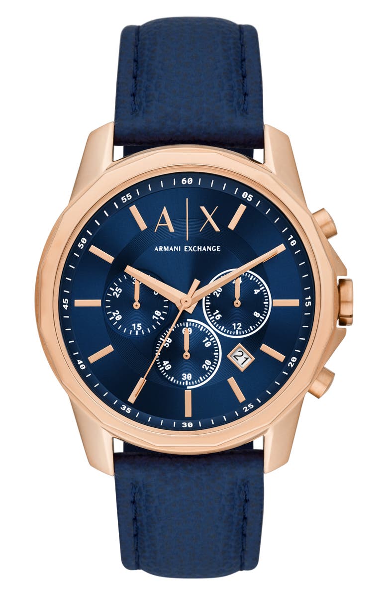 AX Armani Exchange Chronograph Leather Strap Watch, 44mm, Main, color, Rose Gold