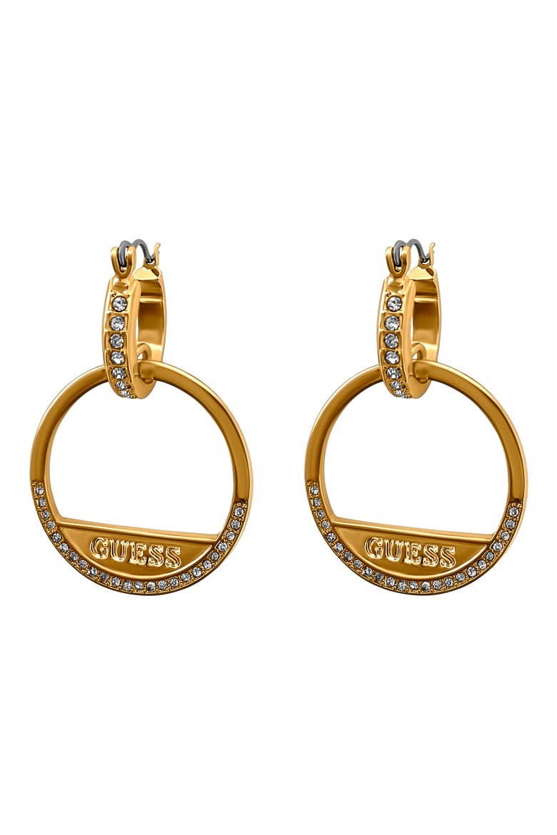 Crystal Stone Logo Hoop Earrings, Main, color, GOLD TONE