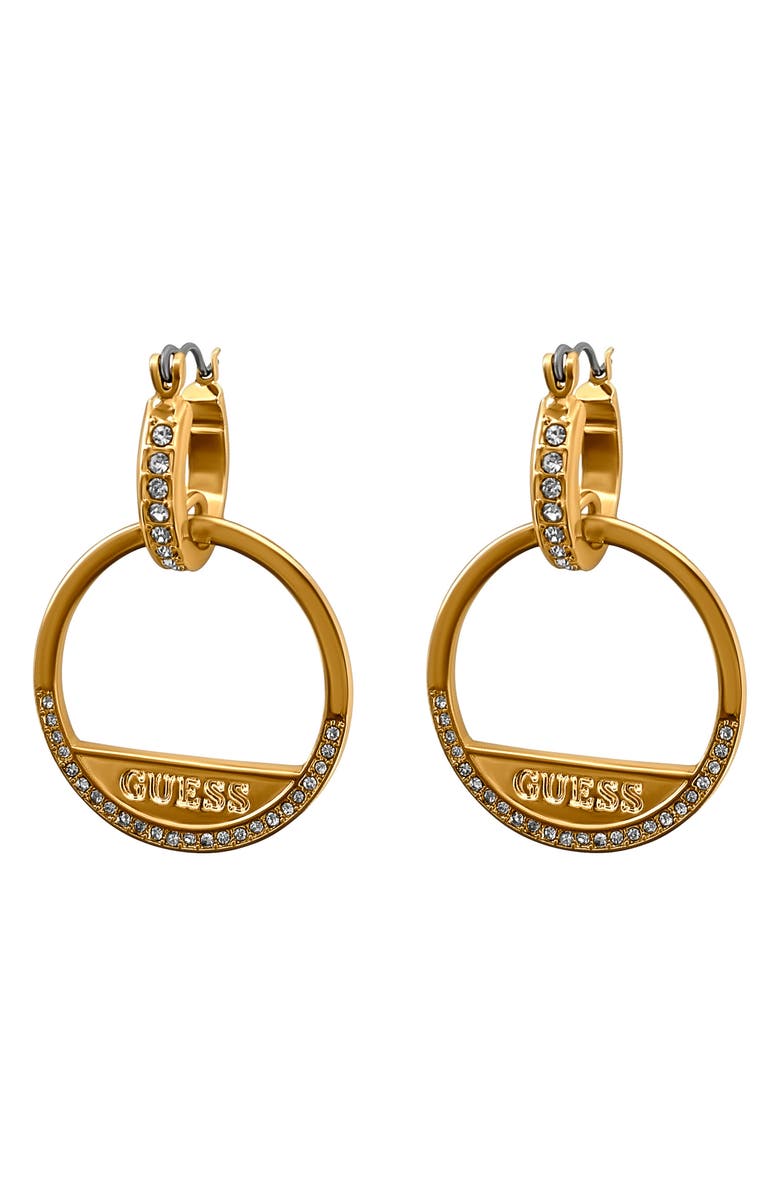 GUESS Crystal Stone Logo Hoop Earrings, Main, color, Gold Tone