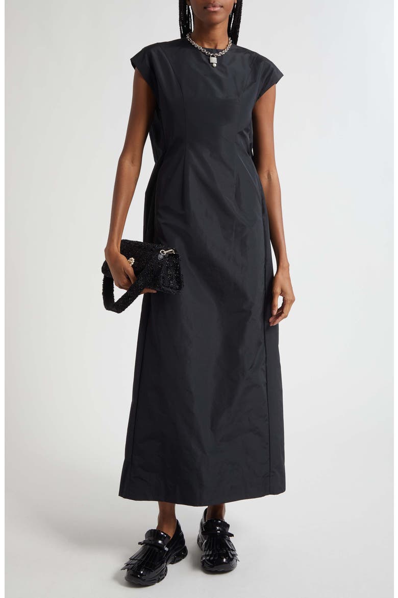 Fitted Back Ruched Detail Chain Taffeta Maxi Dress, Main, color, BLACK