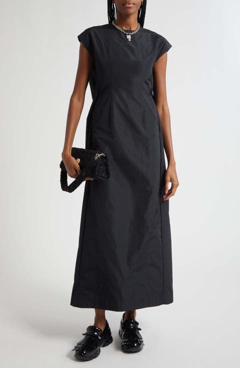 Fitted Back Ruched Detail Chain Taffeta Maxi Dress