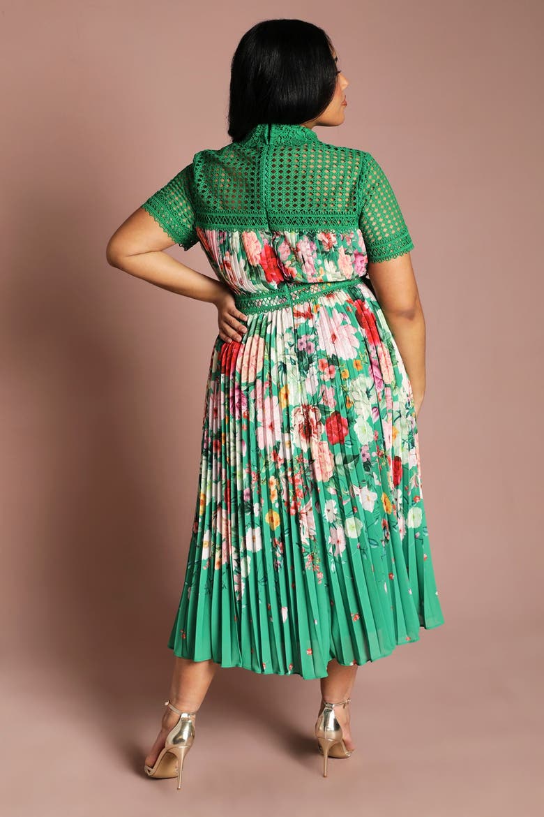 Plus Lace Pleated Floral Midi Dress, Alternate, color, Green