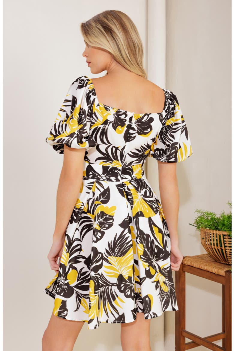 Leaf Print Puff Sleeve Fit & Flare Dress, Alternate, color, IVORY BLACK